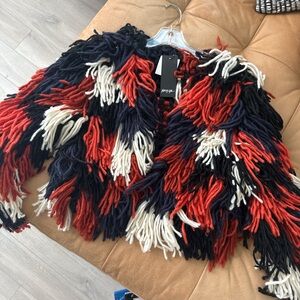 Nasty Gal Red, Black, and Cream Fringe Teddy Jacket
